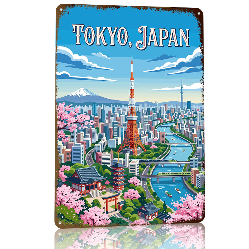 벚꽃이 있는 도쿄 도시 풍경 양철 포스터 맞춤형 벽 예 - Retro Gaming Tokyo 리뷰 및 가격